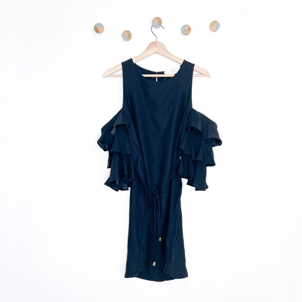 Amanda Uprichard Cold Shoulder Ruffle sleeve Dress Silk Black